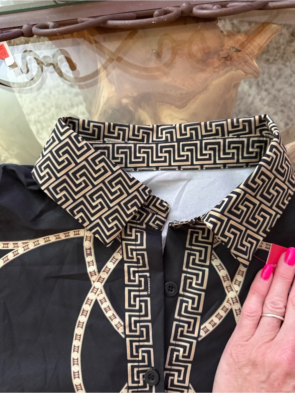 Baroque-Print Button-Up Shirt in Black and Gold - Picture 11 of 15